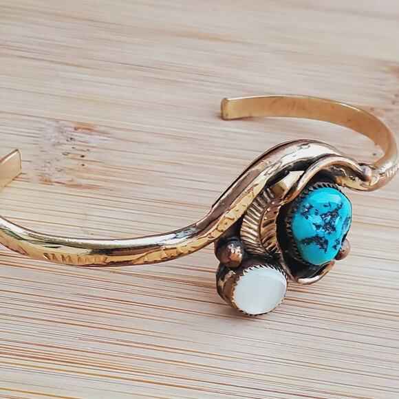 Navajo Turquoise Sterling Silver GF Gold Filed Cuff Bracelet Small 6.75in - Picture 9 of 9